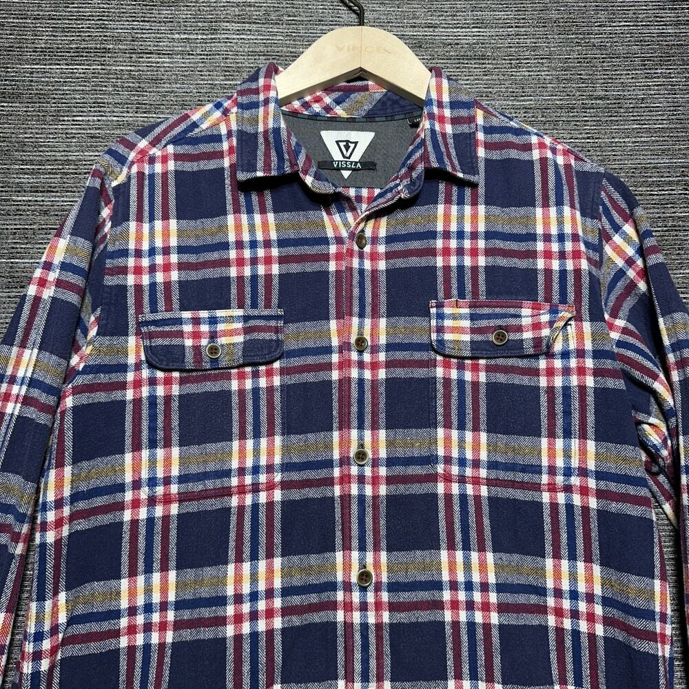 Vissla Flannel Shirt Men's Large Red Blue Tartan Plaid LS Button Up Pockets
